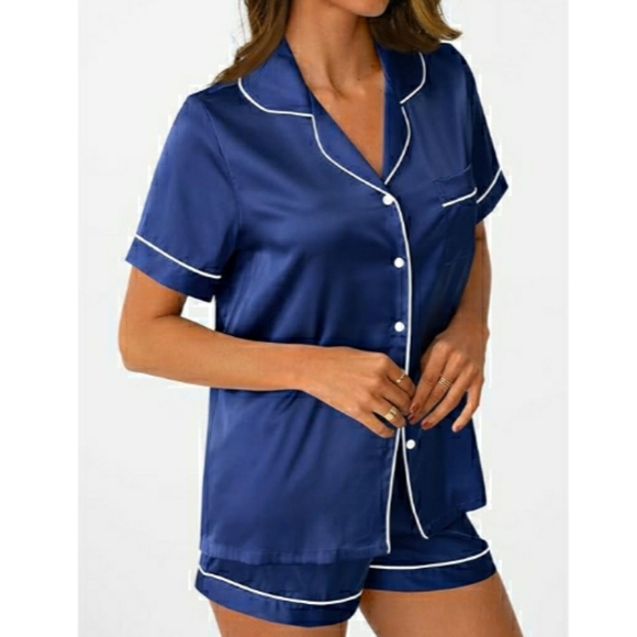 Silk Satin Fall Soft Pajama Set Matching Lounge Button Up Navy Blue - Picture 3 of 7